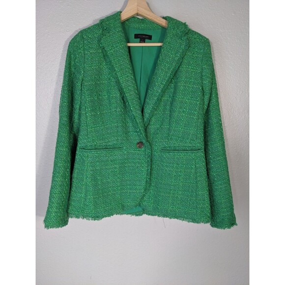 Ann Taylor Womens Kelly Green Tweed Blazer Sz 0 Fringe Career Pockets Preppy N52 - Picture 5 of 10